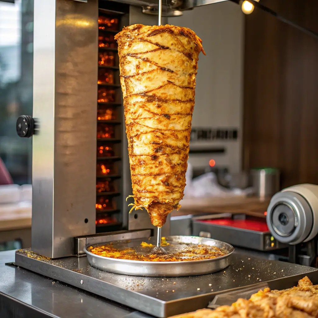 shawarma-style chicken kebab on vertical rotisserie