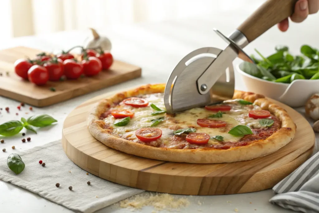 Fresh margherita pizza being sliced with a stainless steel rocker cutter on a wooden board