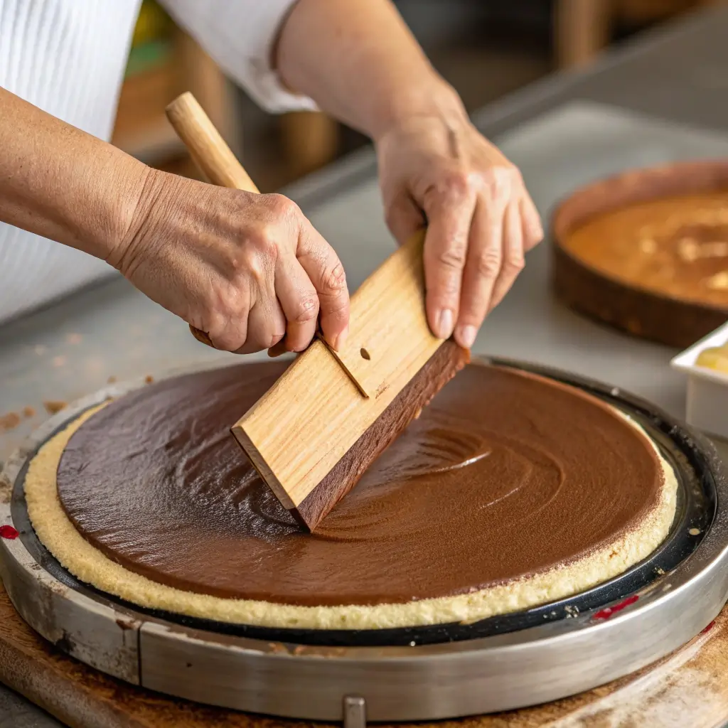 Hands spreading chocolate crepe batter with wooden T-spreader on hot crepe maker