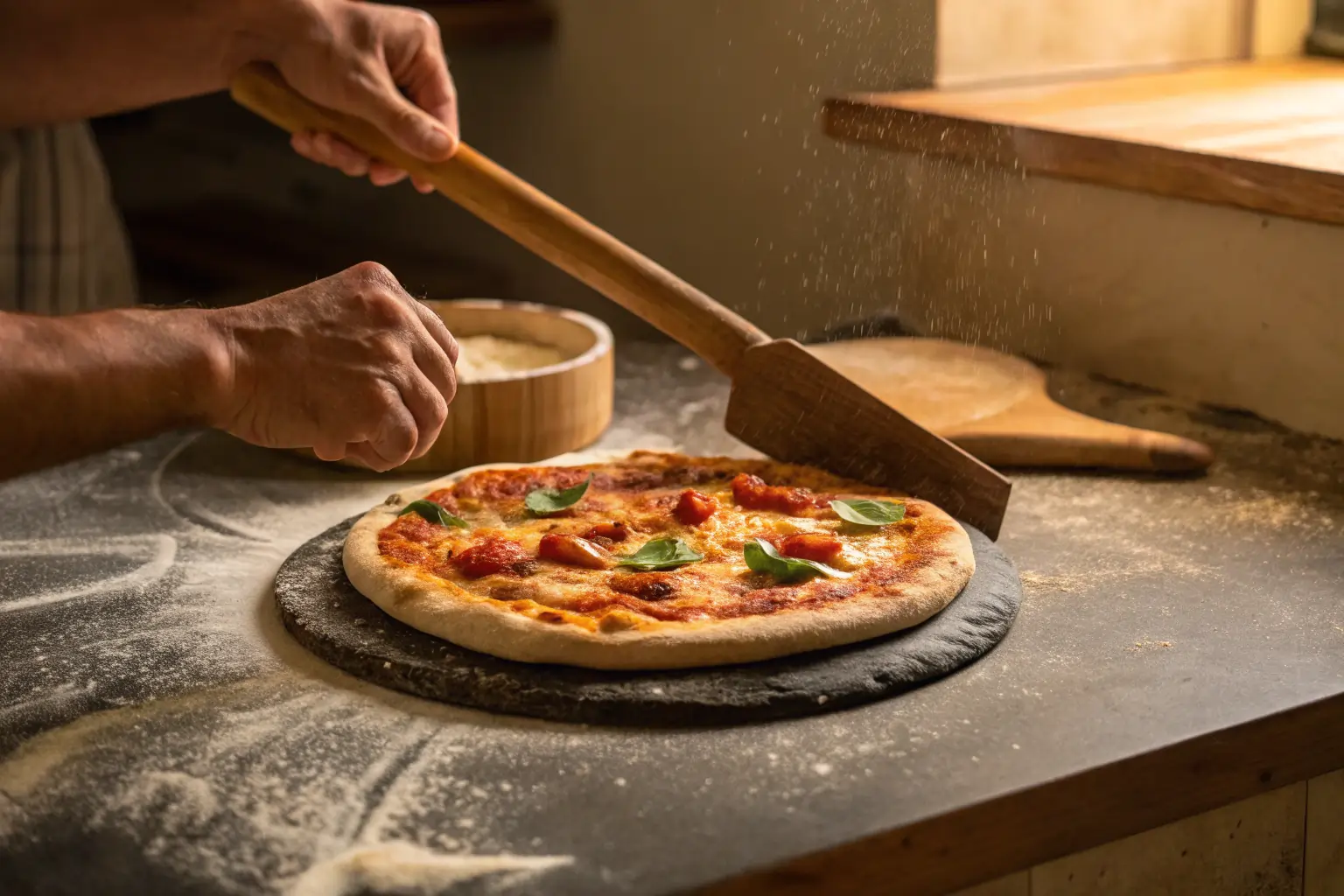 using-pizza-peel-california-style pizza peel in use for California-style pizza