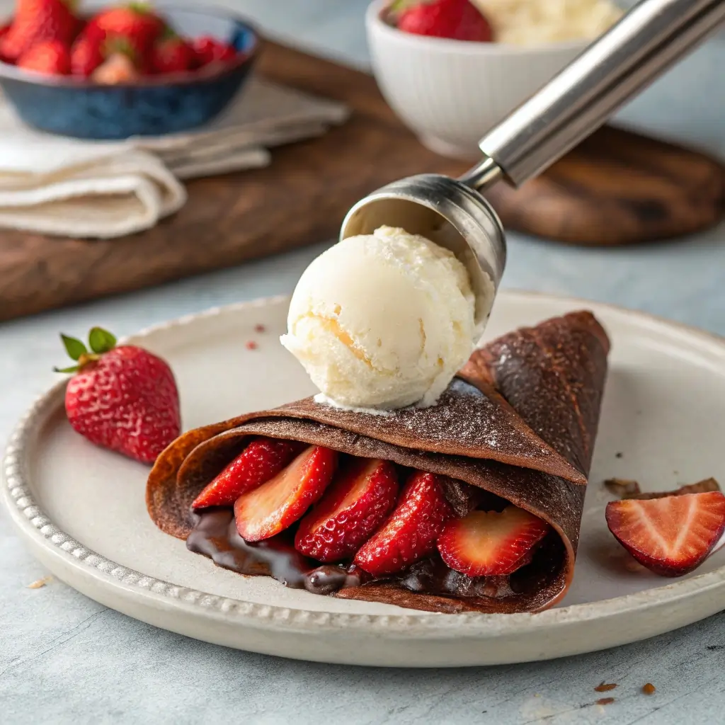 Vanilla ice cream being placed on chocolate crepe filled with strawberries